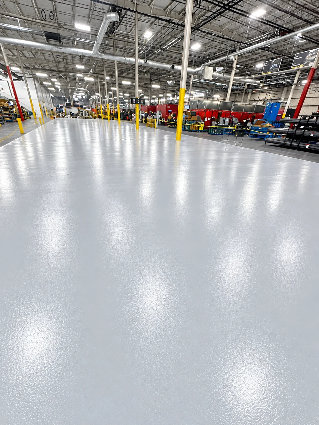 Gray factory flooring with marked yellow walkways and industrial machinery