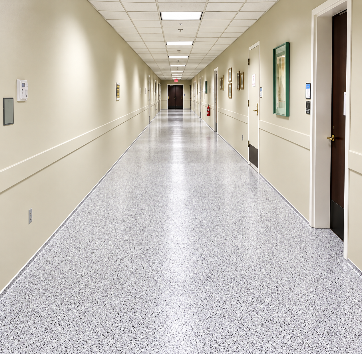 Light-gray decorative flake flooring in a symmetrical hallway with exit doors